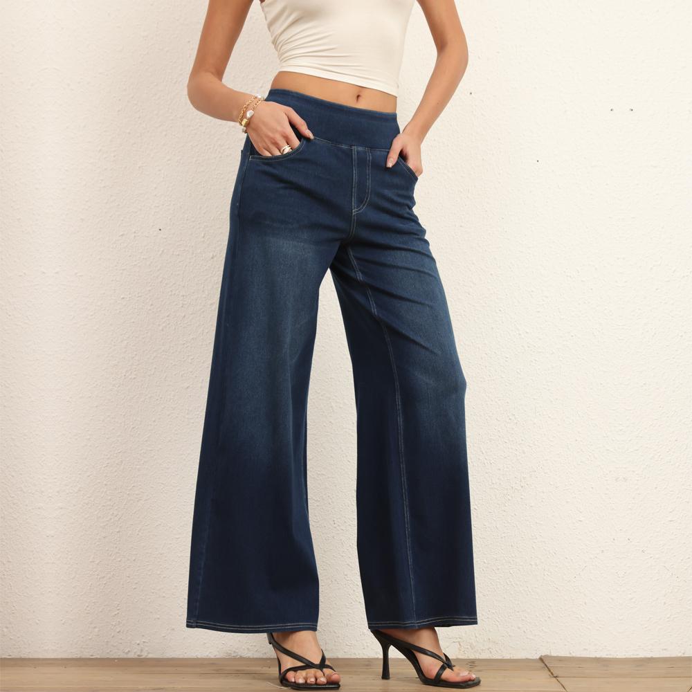 Shascullfites Loose Wide Leg Jeans Dark Blue Denim Pants Plus Size Women's Jeans High Stretch Pants