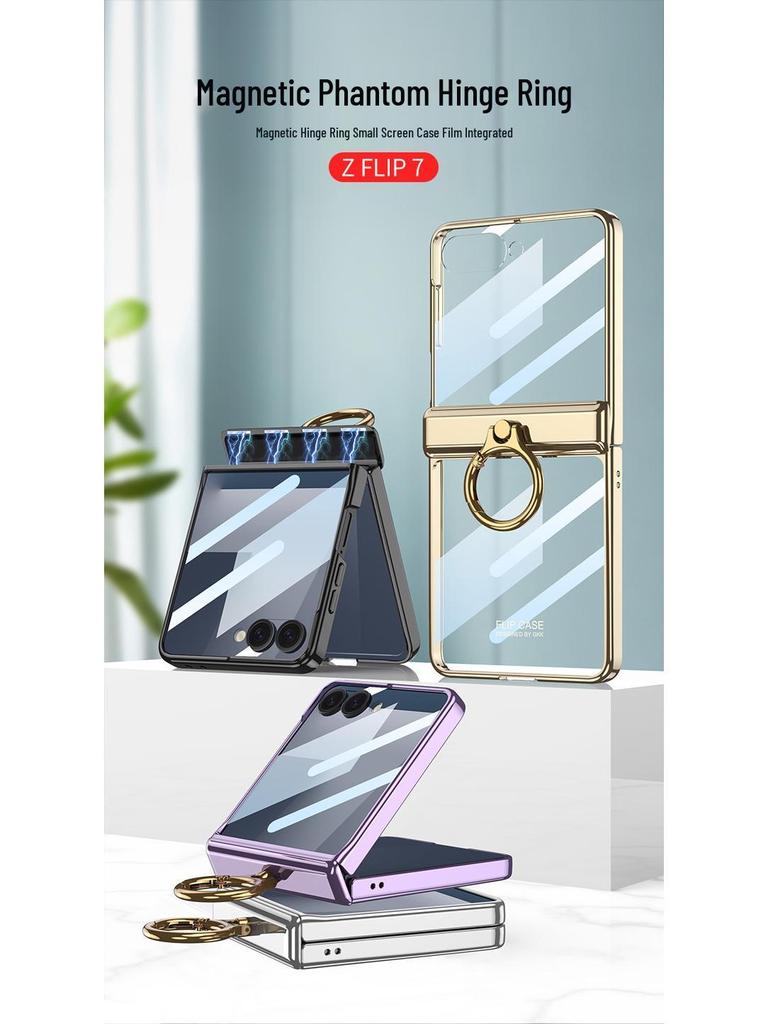 Samsung Z Flip7 Transparent Phone Case with Integrated Ring Buckle and Full-Cover Hinged Hard Shell