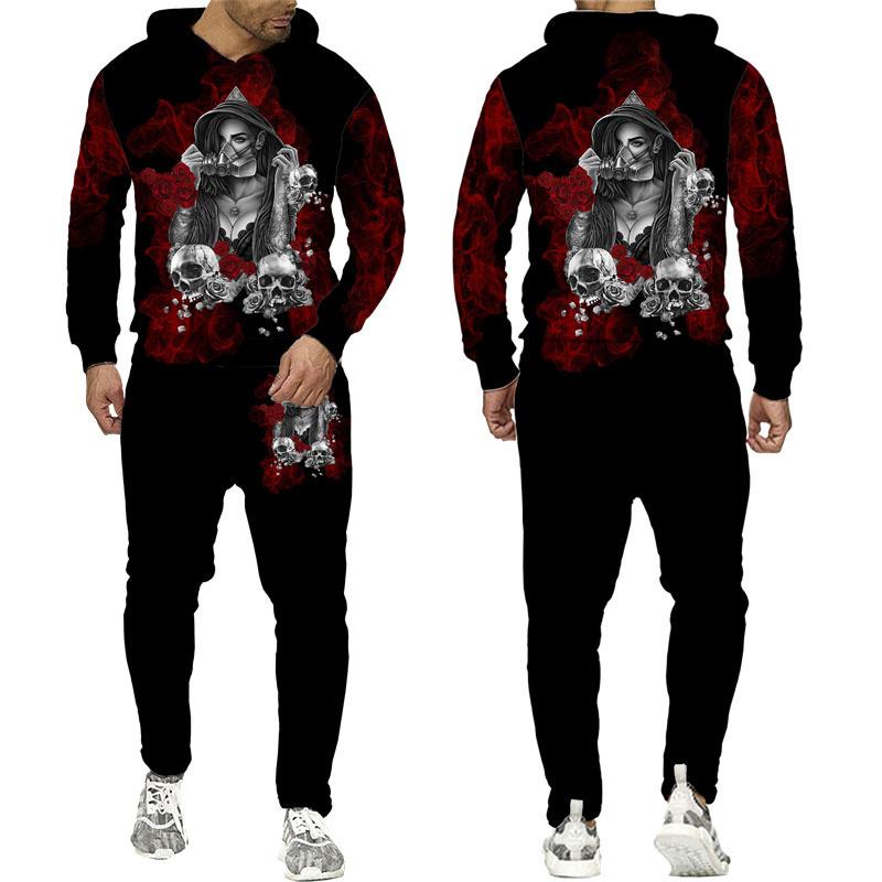 Mens Tracksuit Autumn And Winter Hoodie +Pants Two Piece Set Cool 3D Skull Print Mens Fashion Hoodies Sweatshirts Suits