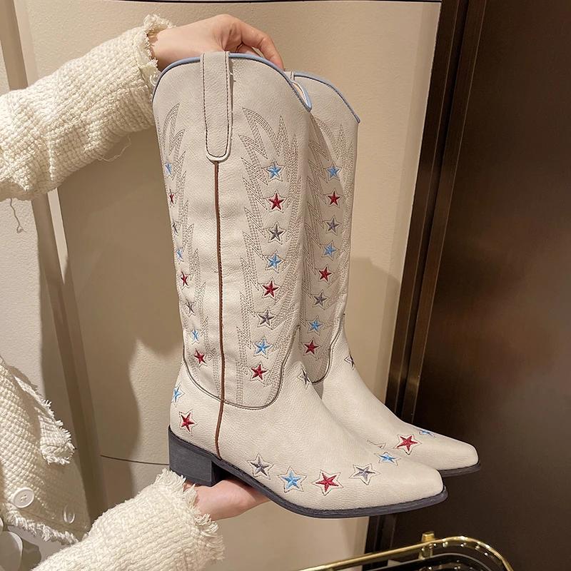 New Style Fashion Retro Boots Embroidered Pointed Western Cowboy Cowgirl Boots Women's Thick Heel High Boots Shoes Women