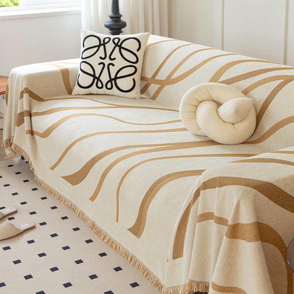 Simple Line Pattern Sofa Towel Cover, Reversible Chenille Sofa Cover, Living Room 3-Seater Sofa Cover Four Seasons Universal