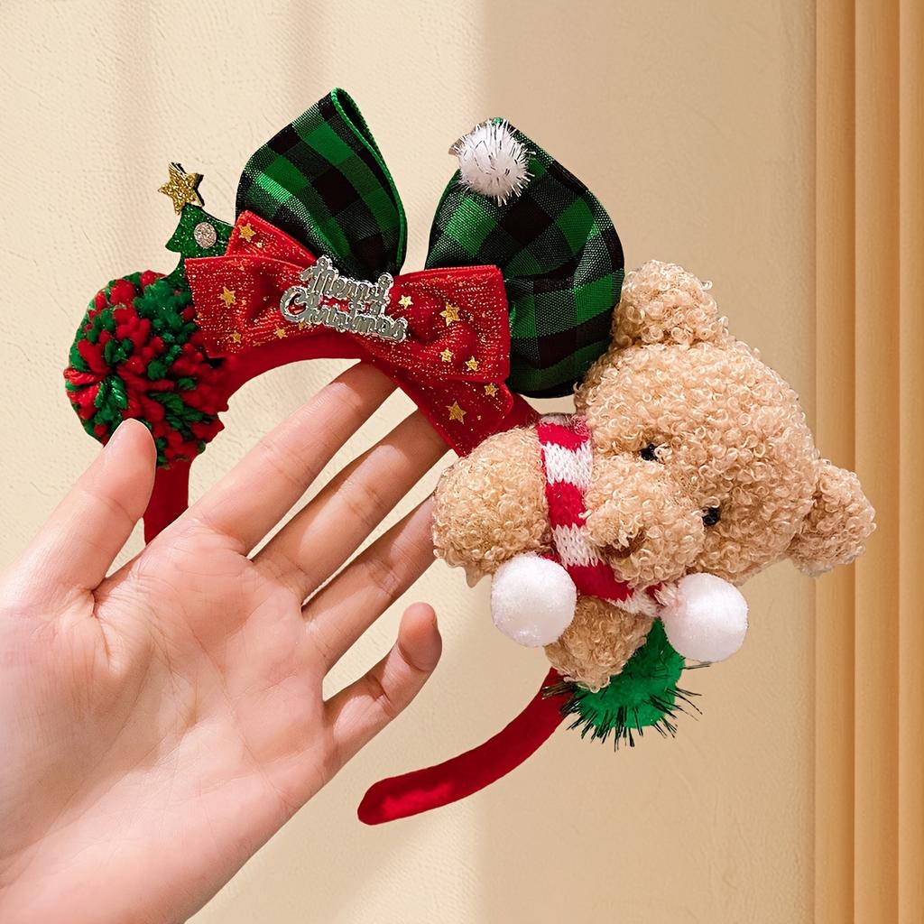 1 шт. Милая рождественская повязка на голову с плюшевым мишкой и клетчатыми ушками, красным и зеленым бантом и помпоном - Мягкий удобный праздничный аксессуар для волос