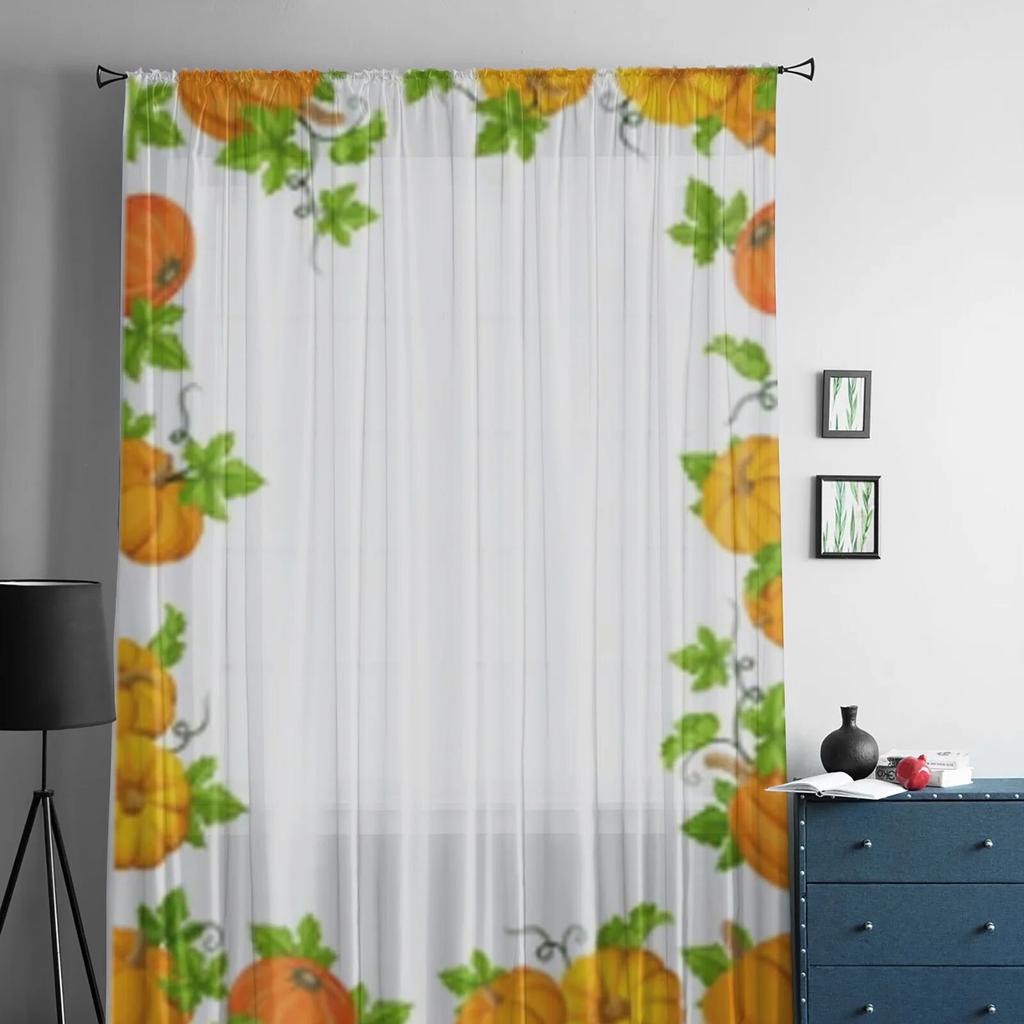 Pumpkins And Green Leaves Tulle Window Curtain For Living Room Bedroom Voile Sheer Curtains Kitchen Treatments Drapes