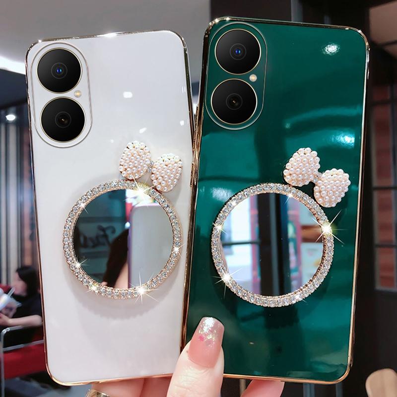 For Huawei Nova Y73 Case Soft Plating brick inlaid pearl butterfly makeup mirror Smooth Electroplated For Huawei Nova Y73 Back Cover