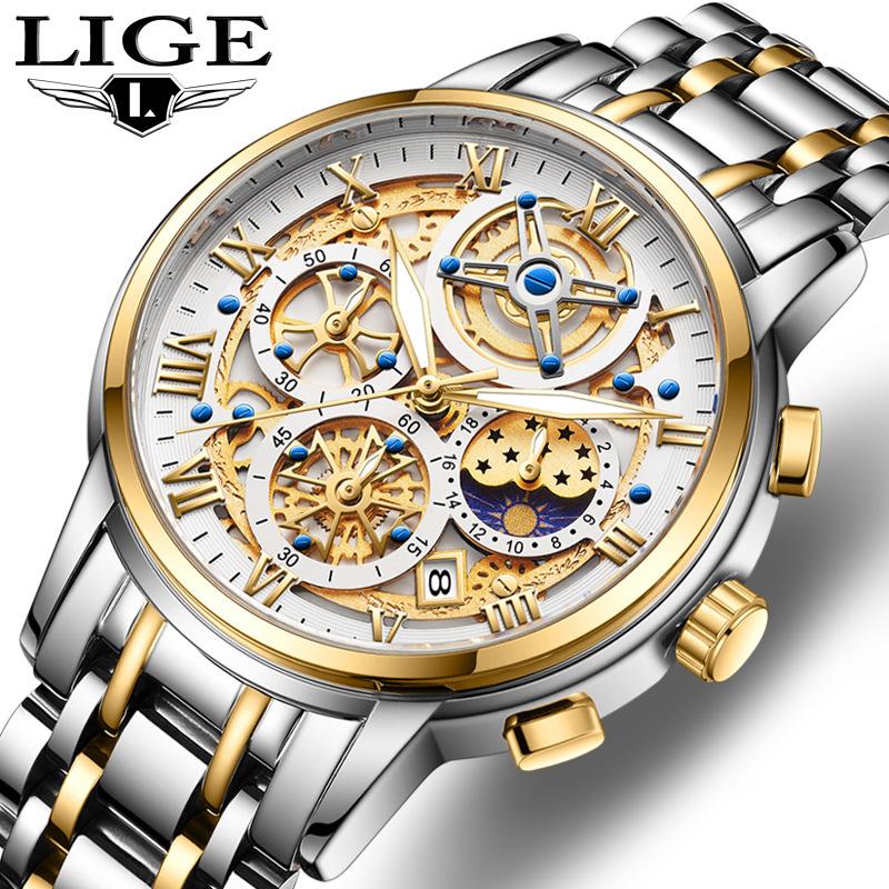 LIGE Men's Quartz Watch, Multifunctional Waterproof Wristwatch, Skeleton Concept Design, Casual Business Watch, Black
