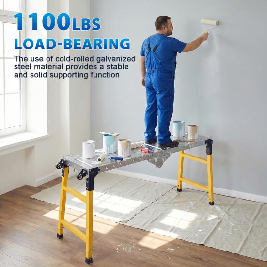 Stable Folding Platform Heavy Duty Adjustable Work Platform, 1100 lbs Capacity, Zinc Plated Steel with Wheels Portable & Anti-Slip Surface, 4/5 Height