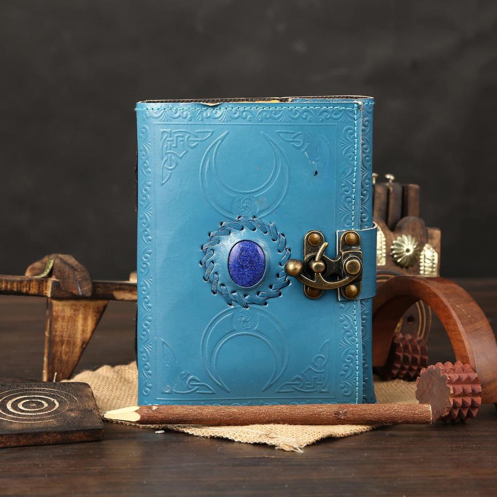 Handmade Antique Deckle Edge Paper Leather Diary, A5 Leather Diary with Blue Stone, Embossed Triple Moon, Antique Buckle Closure Journal