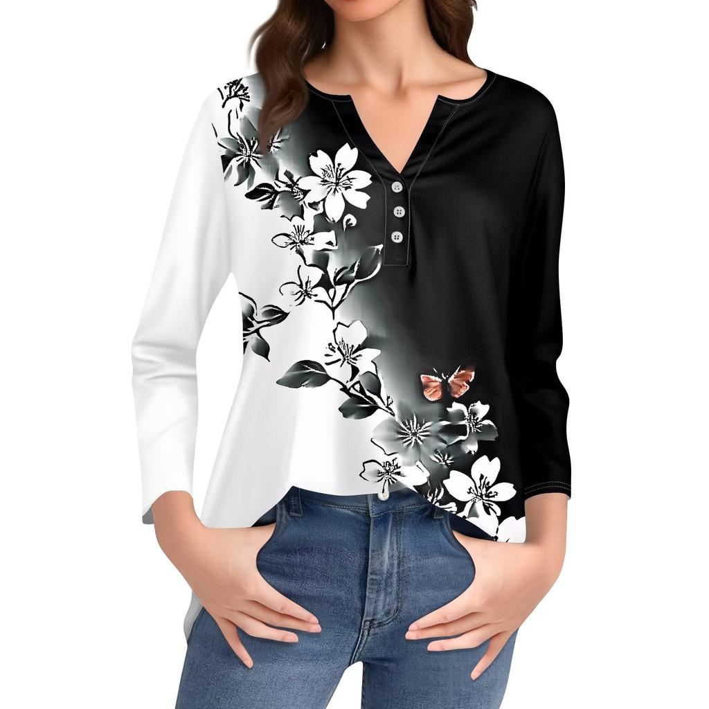 Жен. Футболка С принтом Пуговицы Рукав 3/4 Повседневные Выходные Мода Классический Классический V-образный вырез Обычный Верх