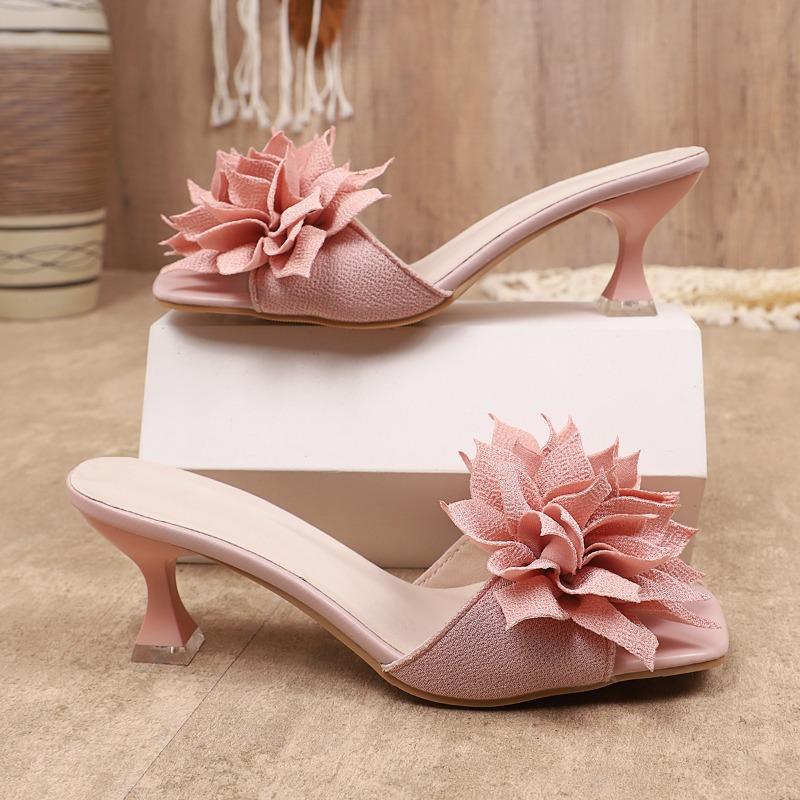 Модные шлепанцы на шпильке, женская мода, квадратный носок, открытый носок, ткань с цветочным рисунком, нескользящая износостойкая подошва, высокий каблук