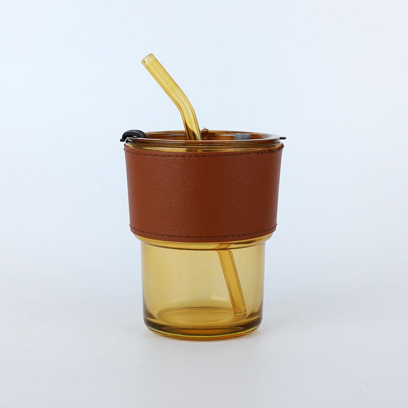 Vertical Pattern Bamboo Cup Glass Transparent Household Striped Water Cup Office Straw Cup with Lid Ins Style Coffee Cup