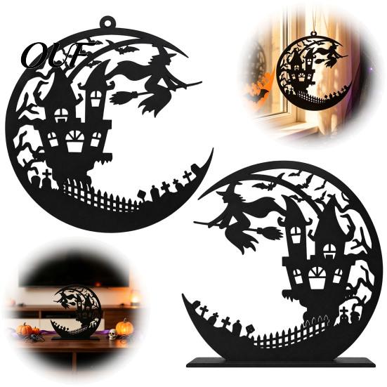Halloween Witch Decoration Metal Decoration, Hollow Castle Hanging Ornament, Broom Holiday Ornament Table Sign for Party Haunted House Decor Spooky