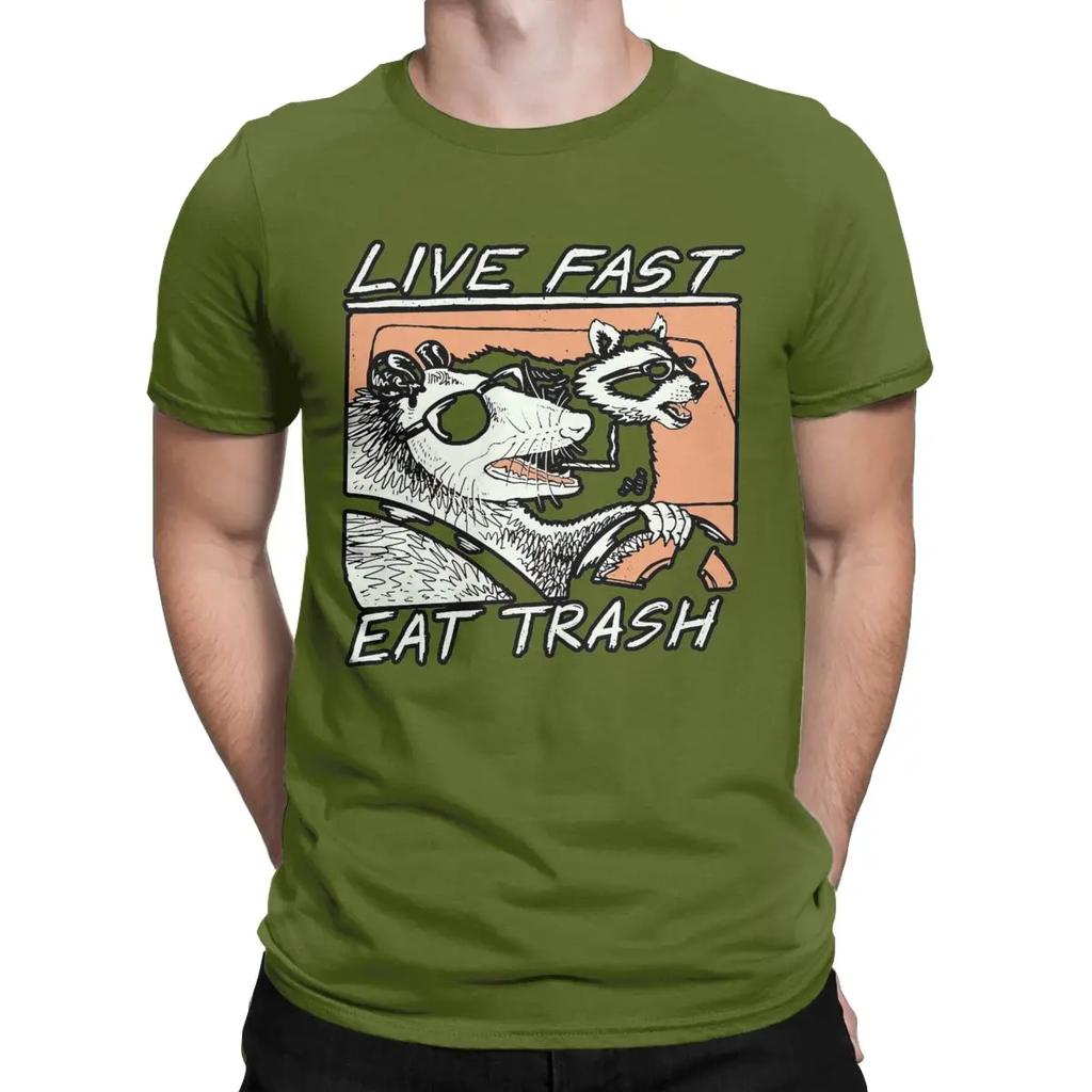 Graphic Raccoon Live Fast Eat Trash Men's T Shirt Casual Tee Shirt Short Sleeve Round Neck T-Shirt Cotton 4XL Clothes