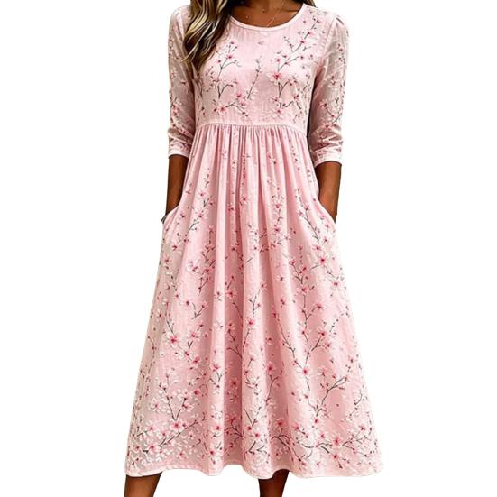 Elegant Daily Wear for Work Dating Autumn Floral Midi Dress Women, Long Sleeve Bohemian A Line Breathable Polyester Fiber Dress Vintage Waist-Cinching