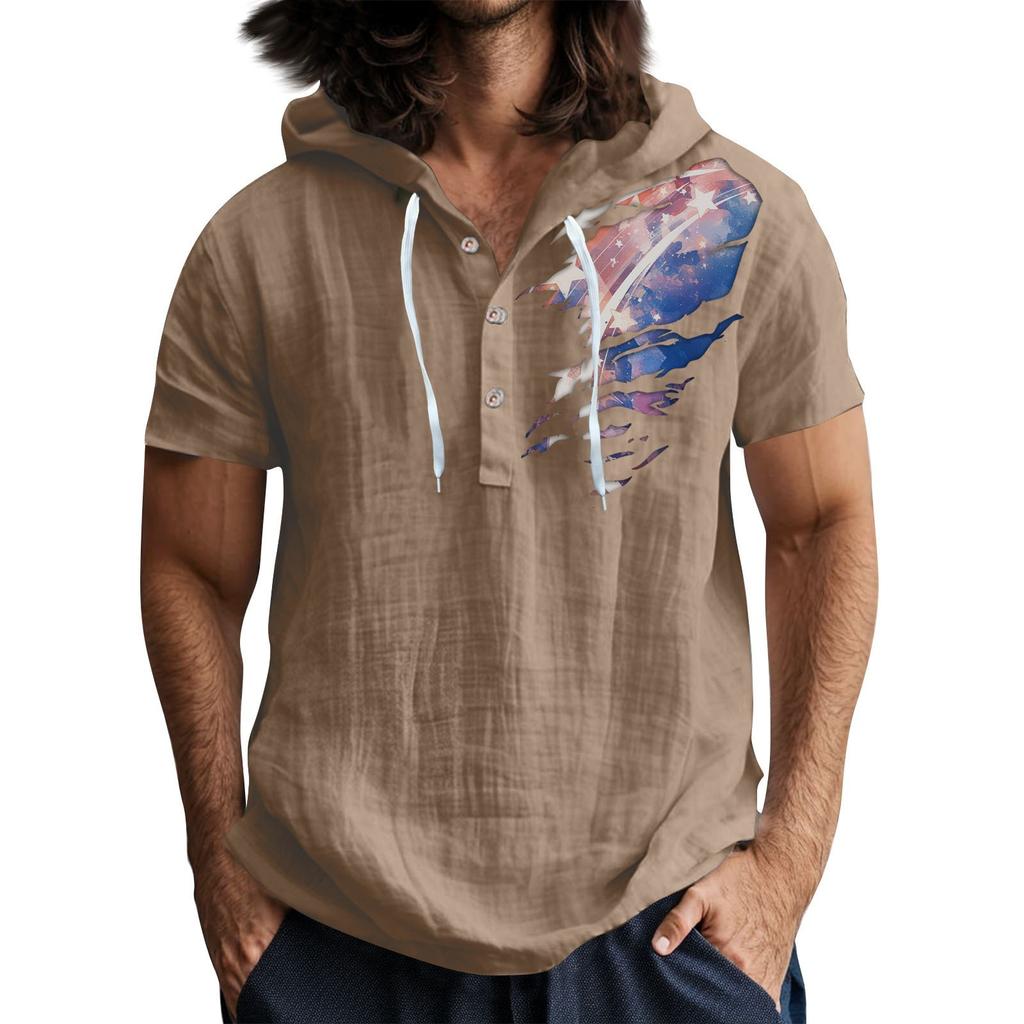 Мужская повседневная футболка с короткими рукавами, капюшоном и открытым воротом на пуговицах