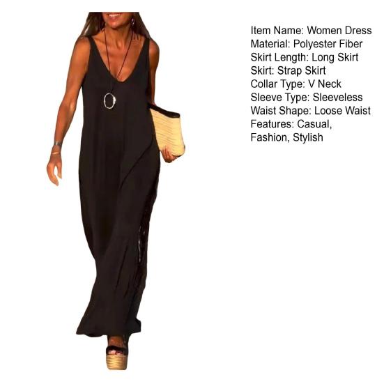 Женское летнее платье-комбинация без рукавов, повседневное платье макси с V-образным вырезом и разрезом, свободный пляжный сарафан, наряд для путешествий и отпуска