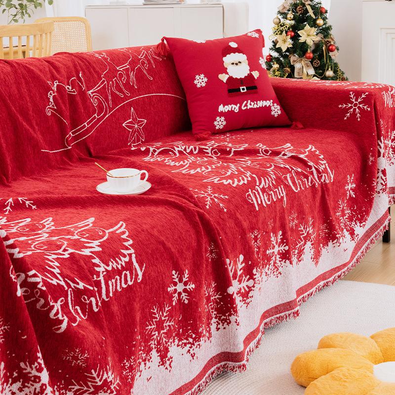 Рождественский красный чехол для дивана с кисточкой, диванное полотенце, можно стирать в машине, праздничная тема, чехол для дивана с красной решеткой для декора гостиной