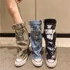 Casual Board Shoes Graffiti High-top Canvas Shoes Women's Spring Boots Wide Tube Medium Tube Boots 2025 New Trouser Tube Stacking Boots