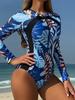 Sexy High Cut Printed Long Sleeve Zipper Surf Rash Guard One Piece Swimsuit Women Swimwear Female Bather Bathing Suit Swim V6285