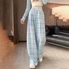Korean Style Lace Trim Loose Wide Leg Pants for Women Spring/Summer Blue Plaid Long Pants Lazy Slim Casual Pants