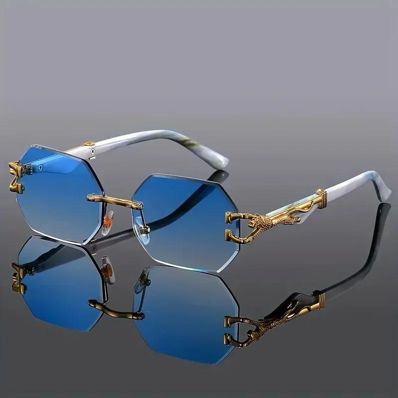 Trendy Unisex Polygonal Frameless Gradient Sunglasses Retro Wood Grain Leopard Leg Square Driving Glasses