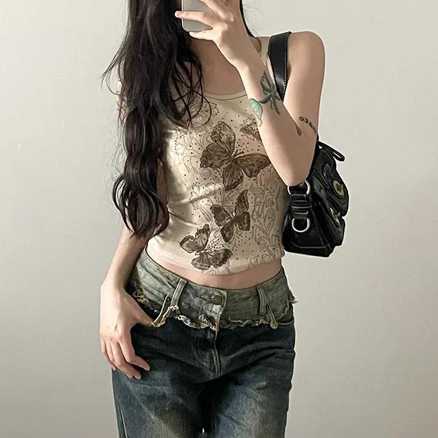 WTEMPO Короткие жилеты с U-образным воротником для девочек, весна-лето, с принтом бабочек, женские облегающие топы без рукавов в стиле ретро