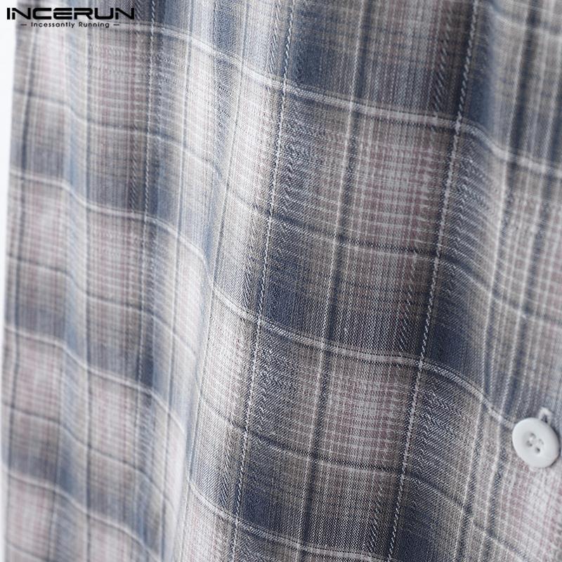 INCERUN Мужские рубашки без рукавов с лацканами и градиентным клетчатым принтом, повседневные майки