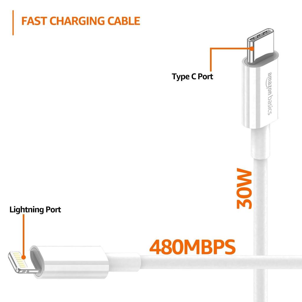 Кабель TPE Type-C - Lightning | Быстрая зарядка 30 Вт, Скорость передачи данных 480 Мбит/с | Совместим с iPhone, iPad Air, Pro, Mini, iPad | 1 метр (белый)