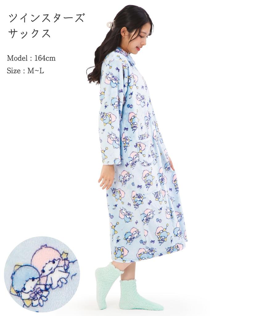 SAZAC Ночная сорочка Платье-пижама, Женская, Пушистый принт Двойные Звезды, Длинный рукав, Открытая спереди, Фланелевая одежда для дома Осень/Зима (Сакс/М-Л/сан1983)