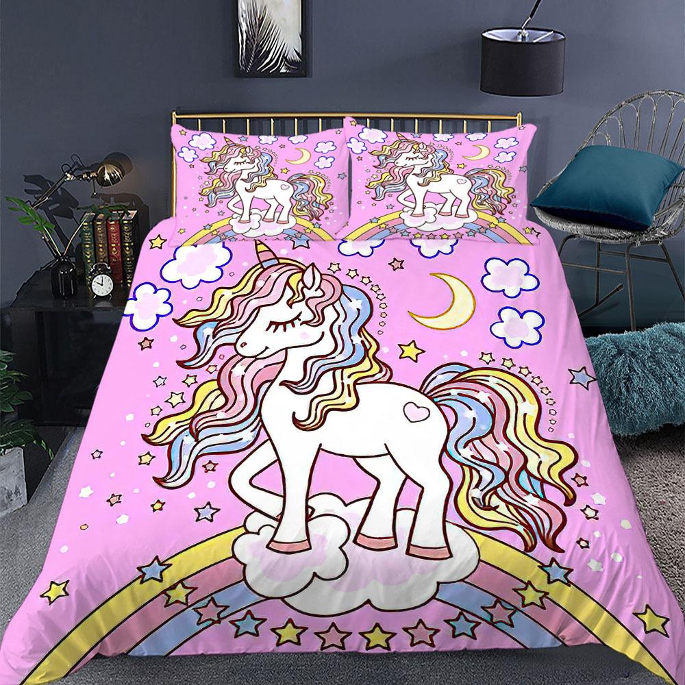 Unicorn Duvet Cover Set King Queen Size Pink 3D Print Cute Unicorn Star Rainbow Cloud for Kids Girls Boys Polyester Bedding Set