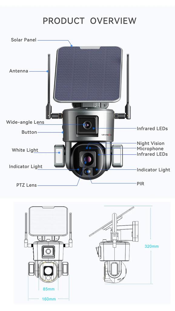 LS VISION 8MP 20X Optical Zoom 4G Solar Camera Dual Screen Wireless Outdoor 4K WiFi PTZ Human Auto Tracking Surveillance Cameras