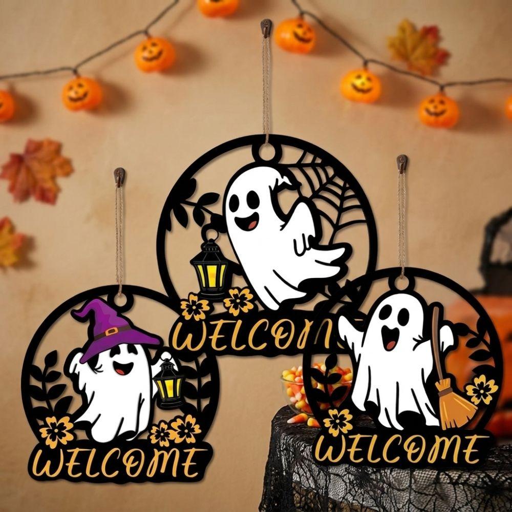 Hollow Out Welcome Wooden Wall Sign Cartoon Halloween Front Door Decor Living Room