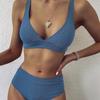 Women's Sexy V-neck Pit Striped Bikini High Waist Split Swimsuit 10 Colors