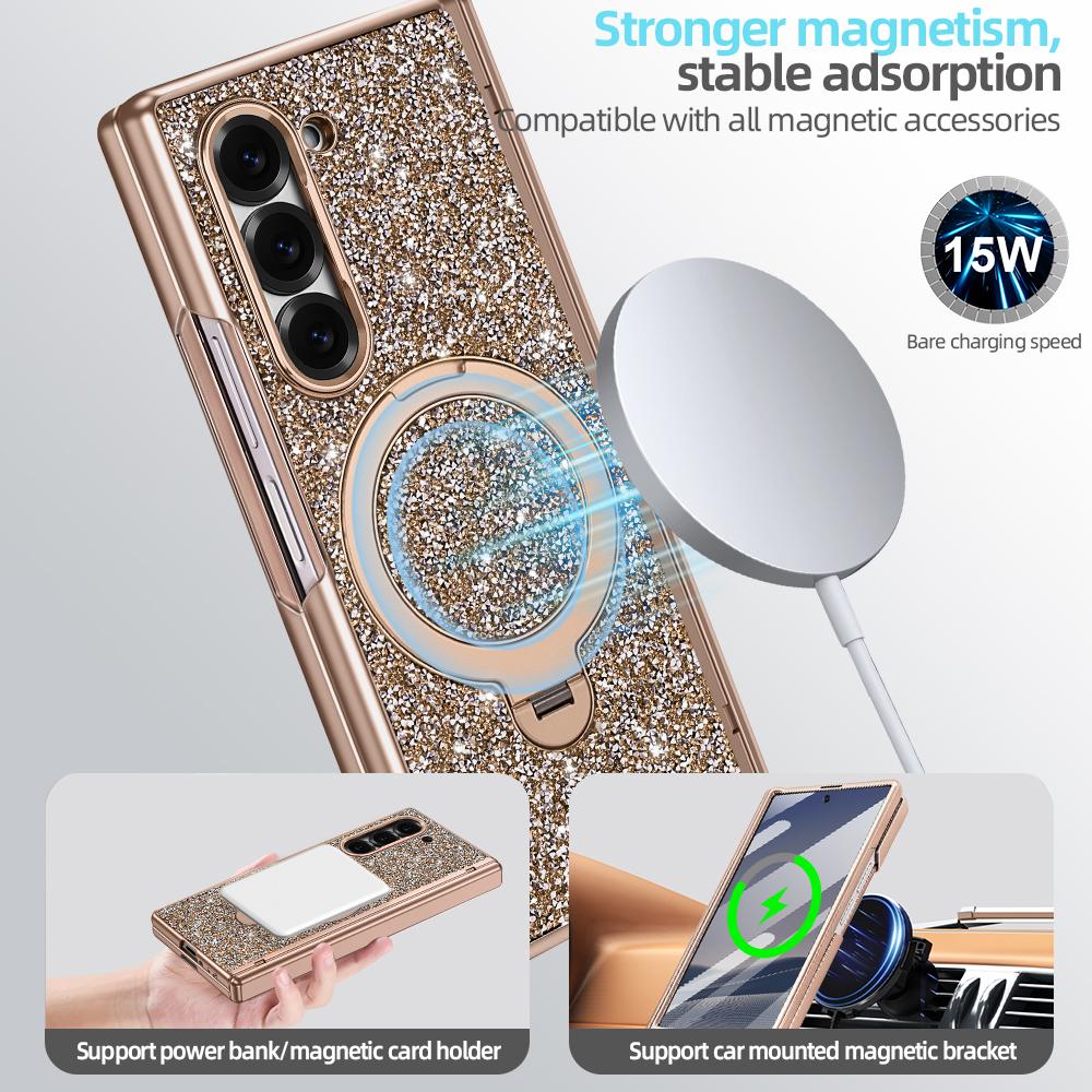 Магнитный чехол для телефона Galaxy Z Fold 7 Fold 6 с блестками, стразами, покрытием из искусственной кожи, вращающимся держателем, антишпионское стекло