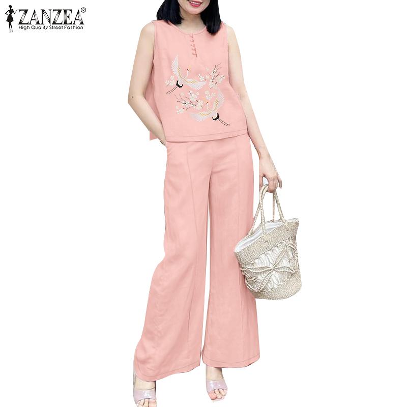 ZANZEA Женские топы и брюки с принтом, повседневные комплекты из двух частей