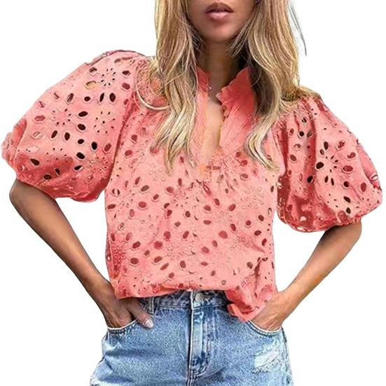 Женская рубашка с воротником-стойкой и V-образным вырезом, коротким рукавом, ажурным вышитым цветочным узором, кружевная блузка, повседневные нарядные топы