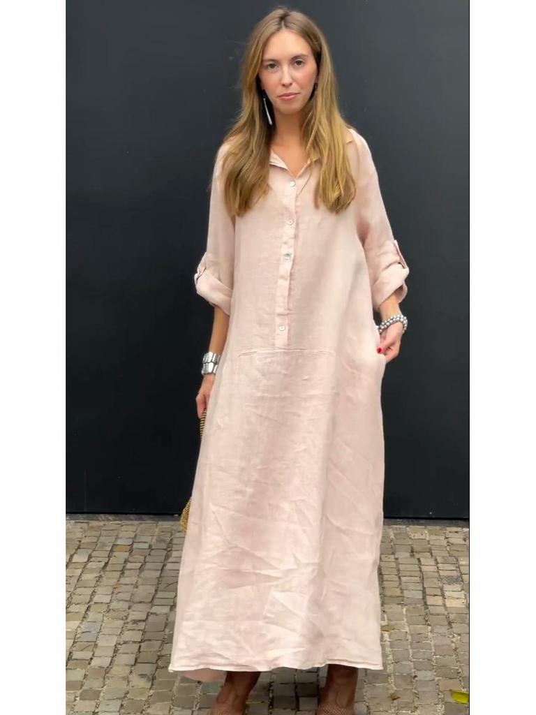 Летнее повседневное женское платье большого размера из хлопка и льна с карманами и воротником-рубашкой