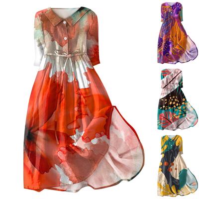 Женское летнее повседневное модное платье с отворотом и пуговицами с рукавами три четверти и ремнем