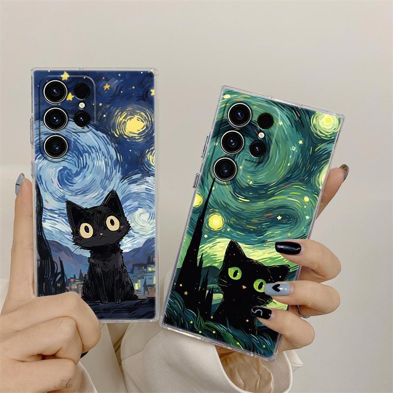 Ретро Масляная Живопись Звездное Небо Кот Прозрачный Чехол Для Samsung Galaxy S26 S25 S24 S23 Ultra S20 S21 FE S22 Plus S26 Ultra Чехол Для Телефона