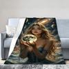 Enchanting Oceanic Fantasy Blanket - Soft Fluffy Throw Featuring a Mystic Blonde Woman Holding a Glowing Moon, Draped in a Dark