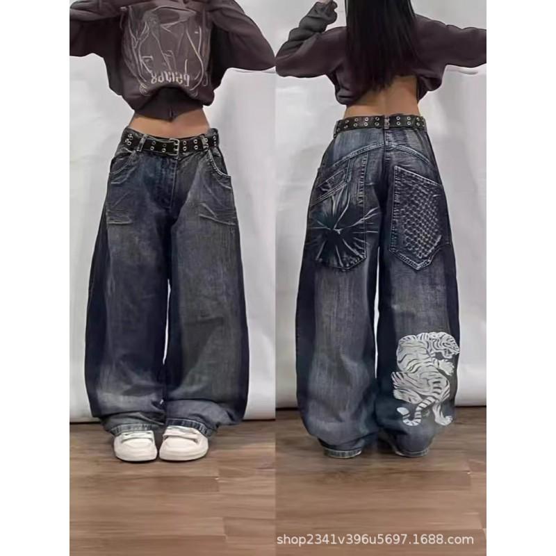 Mens Relaxed Fit Washed Denim Jeans With Embroidered Hip Hop Graphic Casual Wear