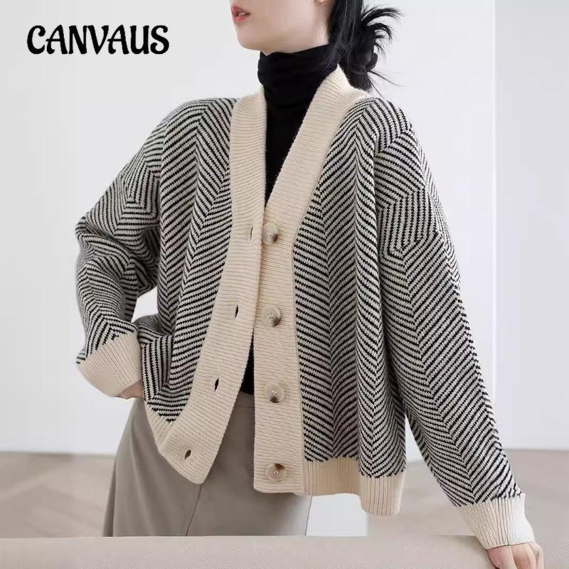 Retro Autumn and Winter Knitted Plus Size Cardigan Women Striped Lazy Wind V-neck Loose Jacket Thickened Sweater