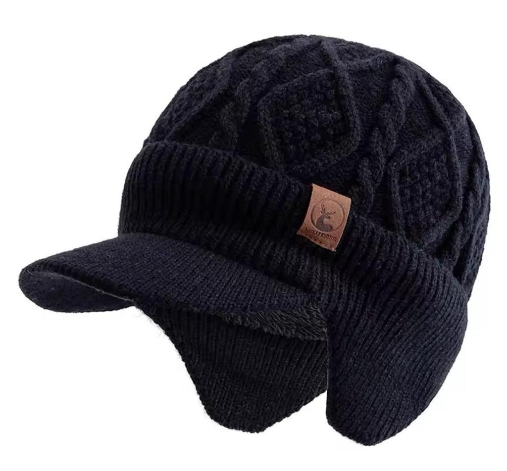 [sproutsy] Knit Cap with Ear Flaps, Cable Knit, with Visor, Gray, Warm Knit Cap with Ears (JP, Number Size, 58.0 Cm, Black)