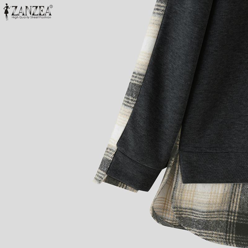 ZANZEA Женские повседневные худи пуловер с лоскутным принтом в клетку, свободного кроя, с длинными рукавами