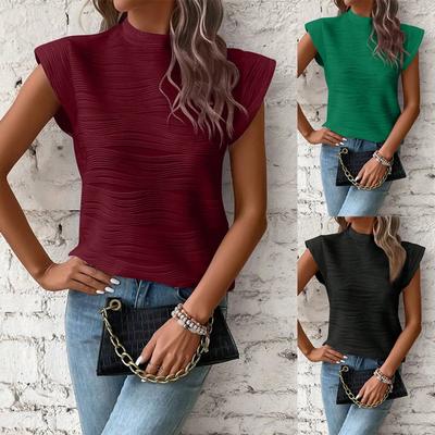 Summer New Half Turtleneck Textured Wavy Striped Button Short Sleeve Top for Women, Europe America Crossborder Casual Top