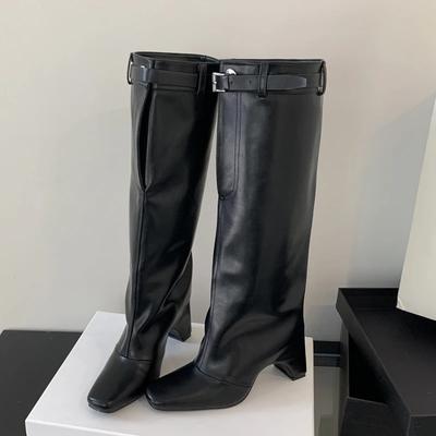 Модные Eilyken Новые Зимние Уличный Стиль Ремешок с Пряжкой Сапоги до Колена Женские Сапожки на Квадратном Высоком Каблуке Туфли-Лодочки Стриптизерши