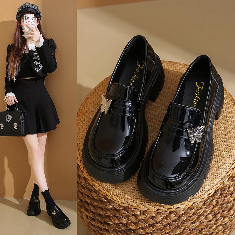 French Platform British Style Small Leather Shoes for Women 2025 Autumn New Black One-pedal Butterfly Single Shoes Loafers for Women