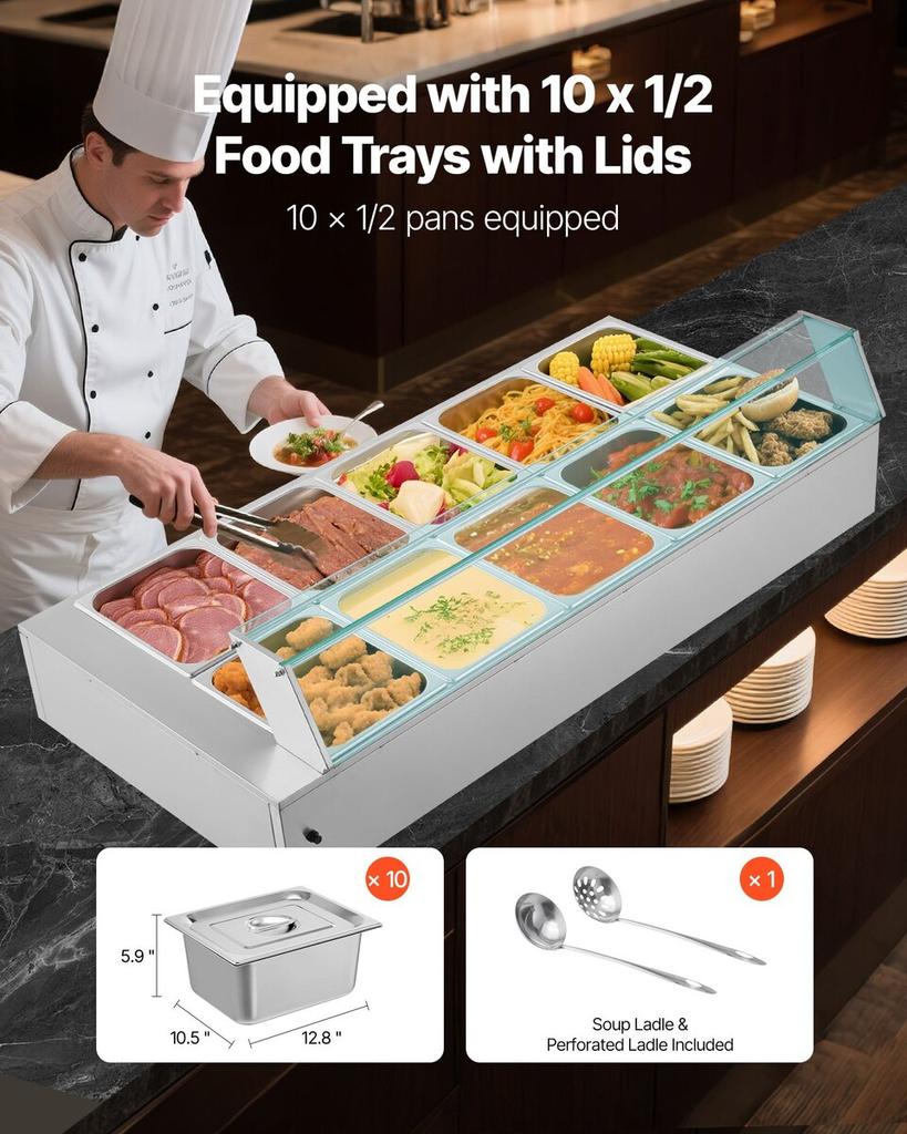 Commercial Food Warmer, 1700W Electric Stainless Steel Steam Food Warmer with Glass Cover, 10-Pan Countertop Buffet Bain Marie with Soup & Perforated