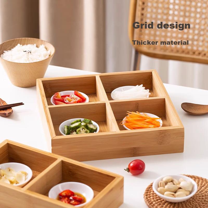 Dried Fruit Tray with Bamboo Wood Dividers, 4-Compartment Nut Dish, New Chinese Style Storage Box, Tea Brewing Tray for Living Room Coffee Table