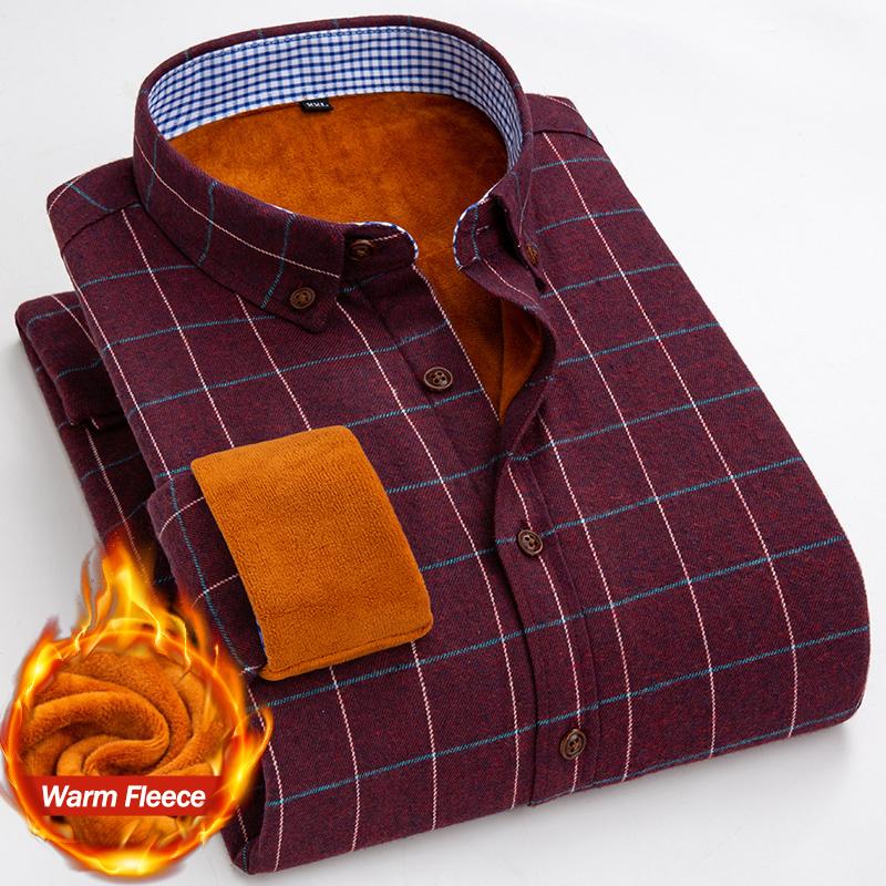 Теплая рубашка Зимняя мужская флисовая классическая клетчатая рубашка с длинным рукавом Комфортная приталенная повседневная деловая плюшевая бархатная утолщенная рубашка-платье
