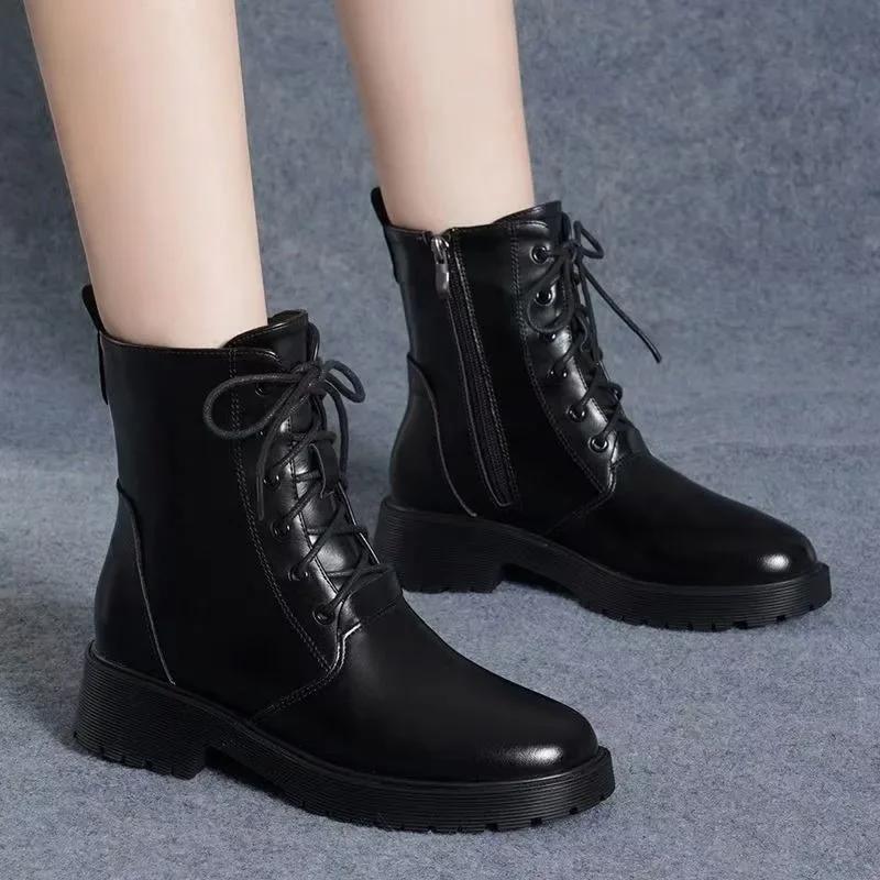 Модная женская обувь 2024 года, новые женские ботинки с боковой молнией, зимние, с круглым носком, теплые, однотонные, короткие, на низком каблуке, модные ботинки Botas De Mujer